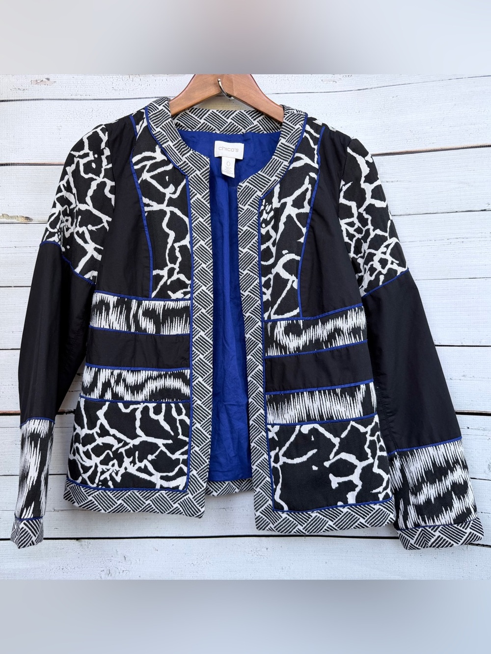 Chico's Mixed Ikat Geometric Print Open Front Structured Jacket - Chicos 0 (Sm)